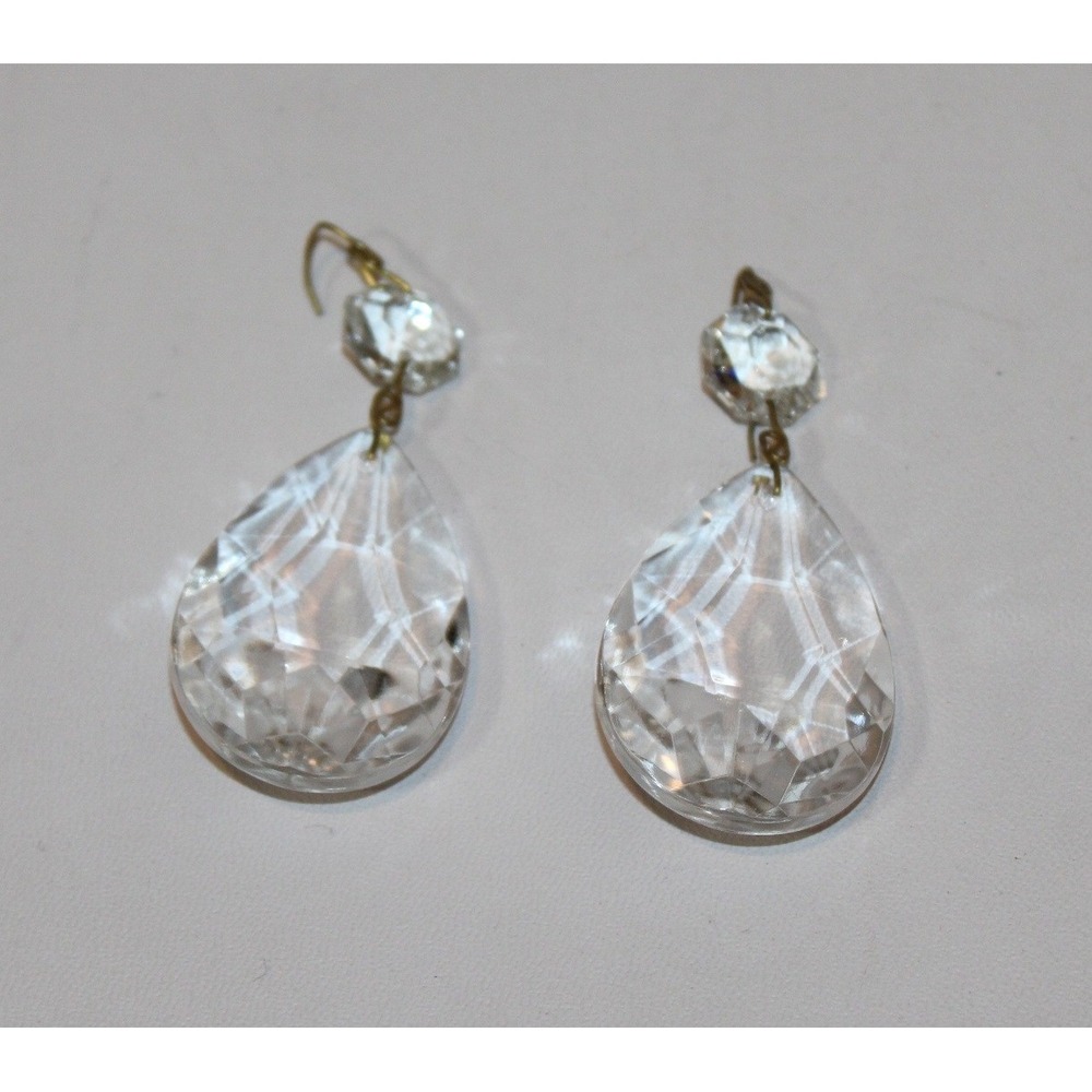 set of 10 vintage chandelier prisms clear glass teardrop faceted 2-piece - Picture 10 of 13